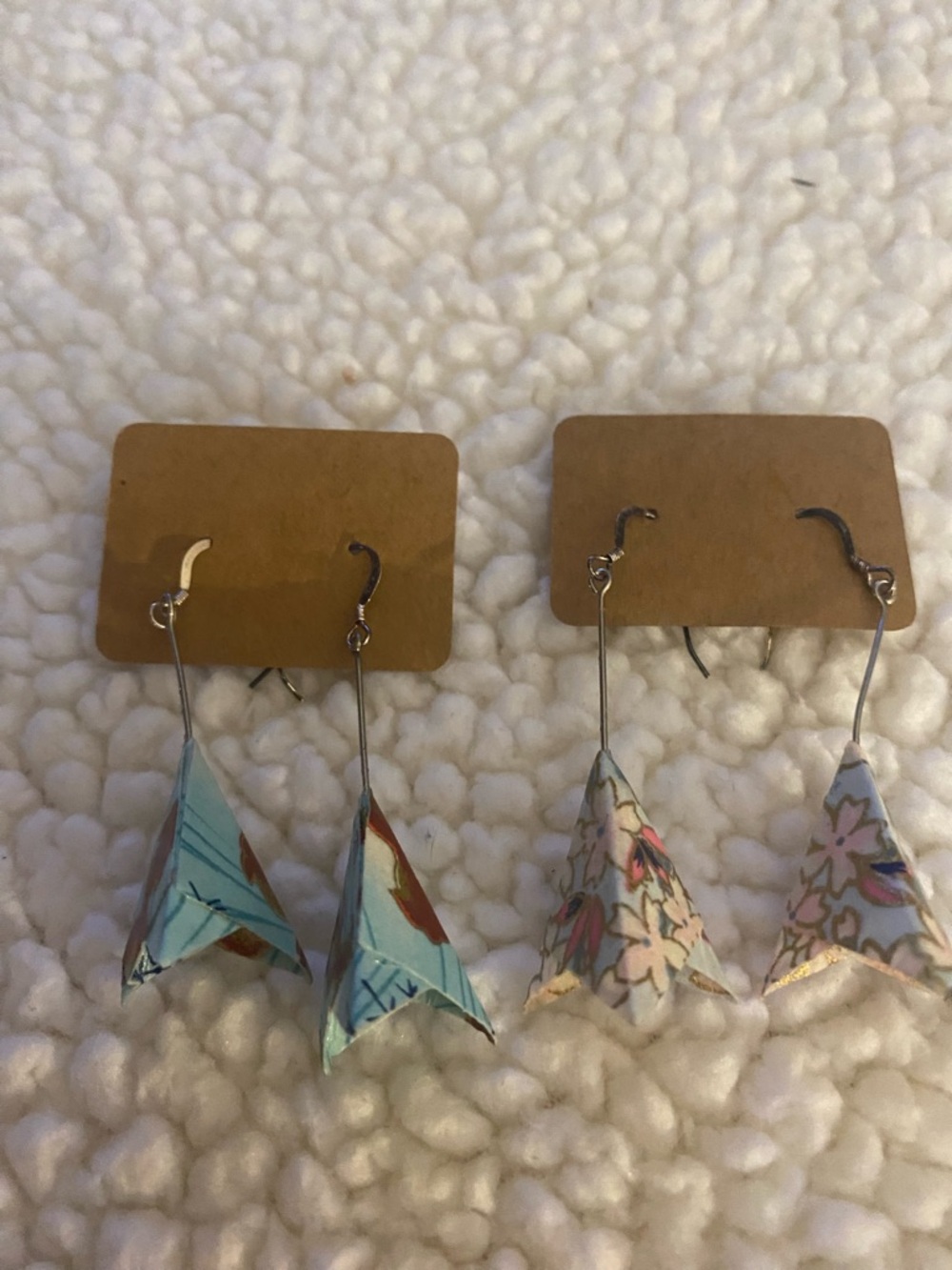 Handmade Origami Flower Drop Earrings - Blue & Floral